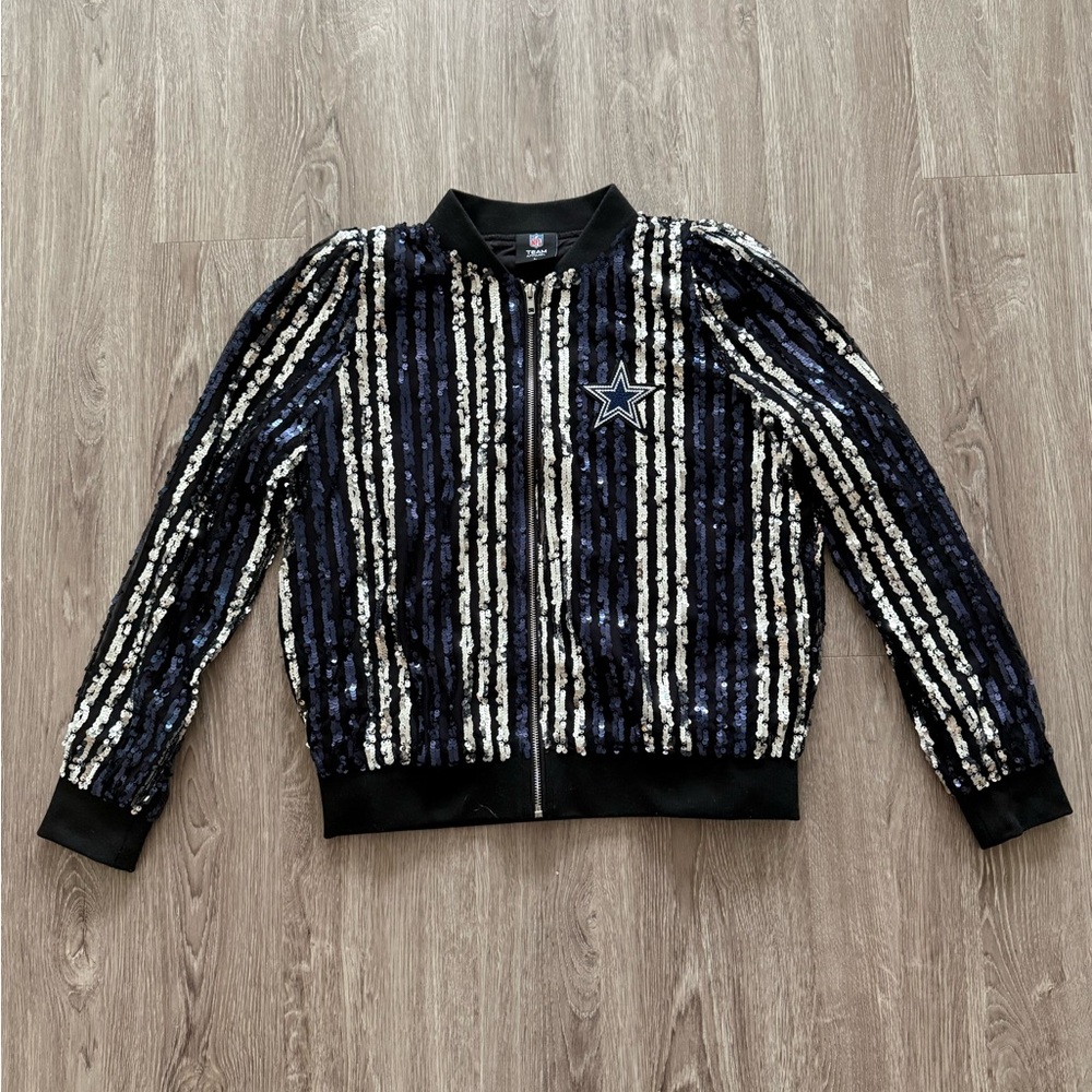 NFL Dallas Cowboys Navy & Silver Sequin Varsity Jacket - Picture 3 of 9